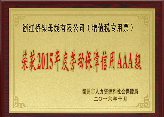 榮獲2015年度勞動(dòng)保障信用AAA級(jí)